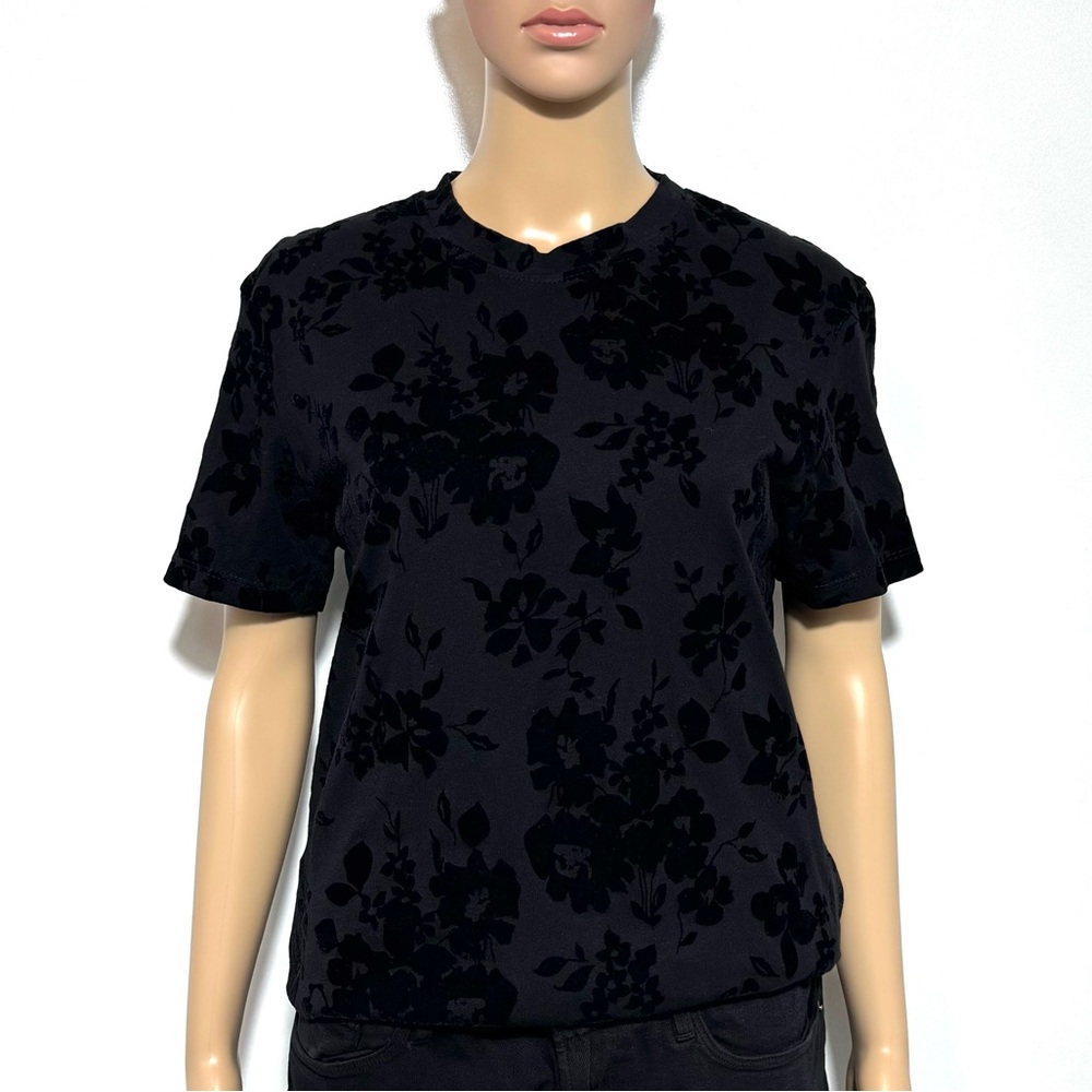 TWIK Black Velvet Short Sleeve Tee Floral Pattern Flocked Burn-out Style Size S - Picture 4 of 9